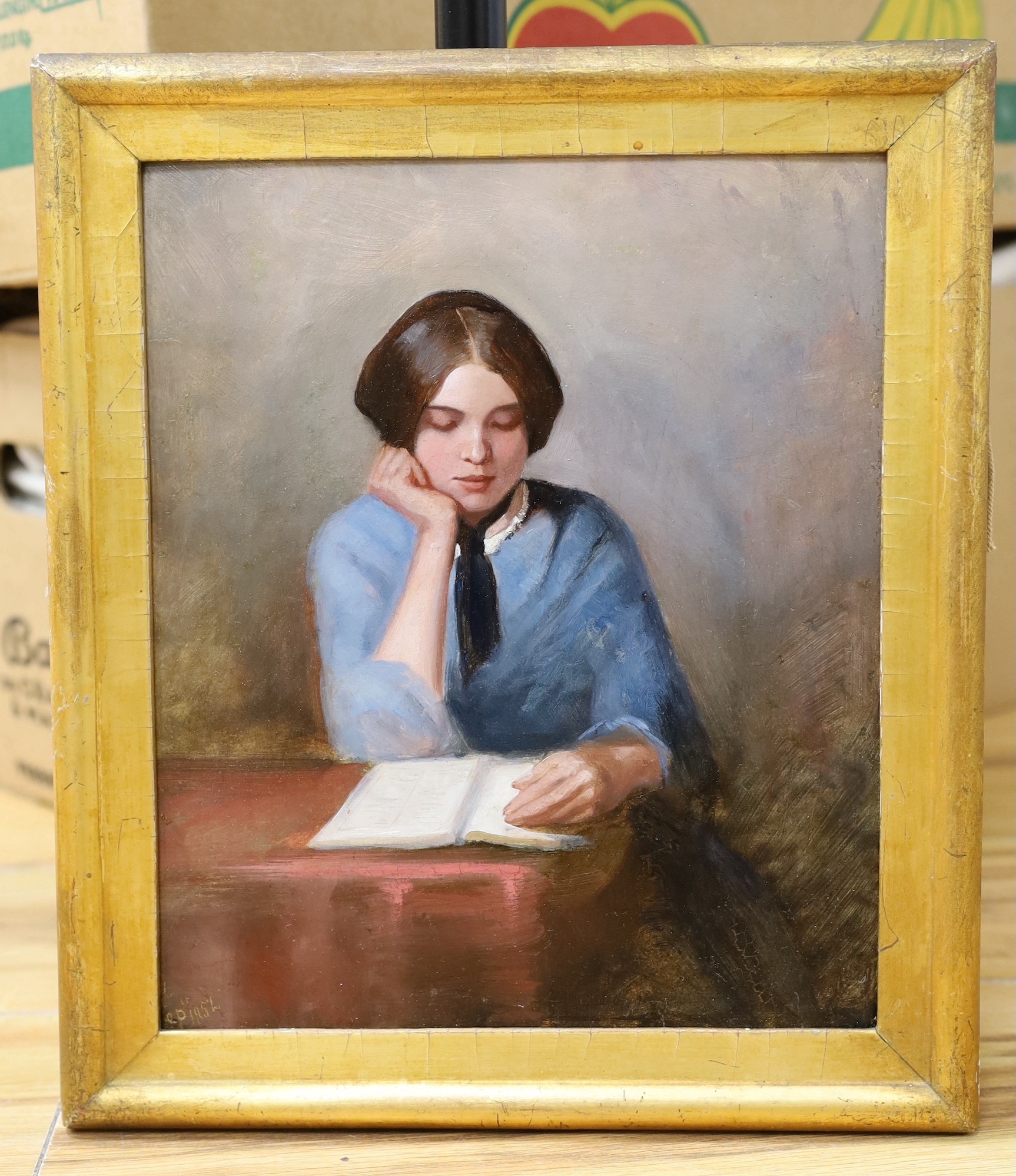 Victorian School, oil on board, Portrait of Annie Gambart, initialled and dated 1852, 28 x 24cm
